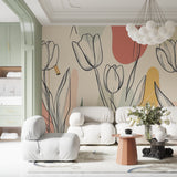 Line art floral wallpaper creating calm atmosphere in master bedroom