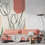 Botanical line art mural adding style to minimal dining room setup