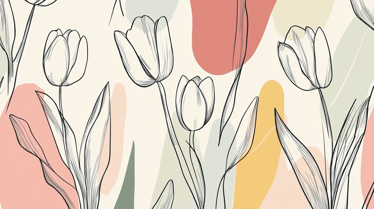 Design file of minimalist tulip line art pattern with black sketched flowers on soft background