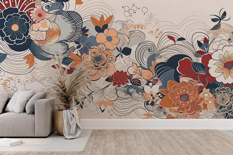 Modern floral Art Deco wallpaper in navy and coral creating an elegant atmosphere in a bright living room