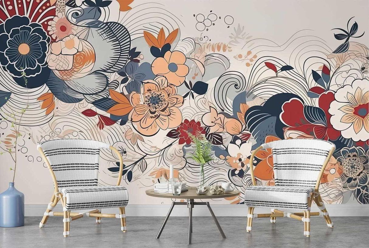 Navy and coral floral wall mural adding sophistication to a dining room with modern furniture
