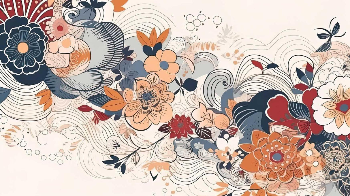 Art Deco floral pattern design file showing detailed navy and coral botanical elements