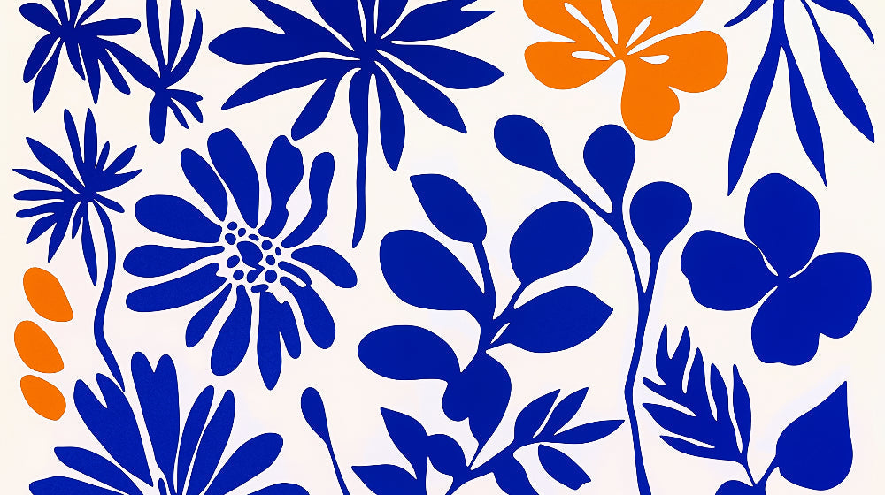 Modern blue and orange floral pattern design file showing full repeat and color details