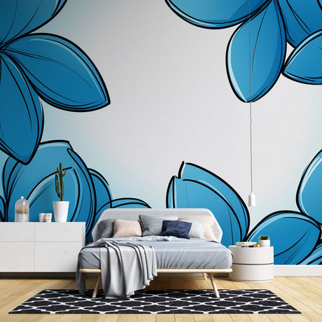 Modern blue floral wallpaper mural displayed in a bright living room, creating a fresh and airy atmosphere