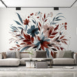 Modern floral wallpaper in blue and terracotta colors bringing life to a minimalist living room