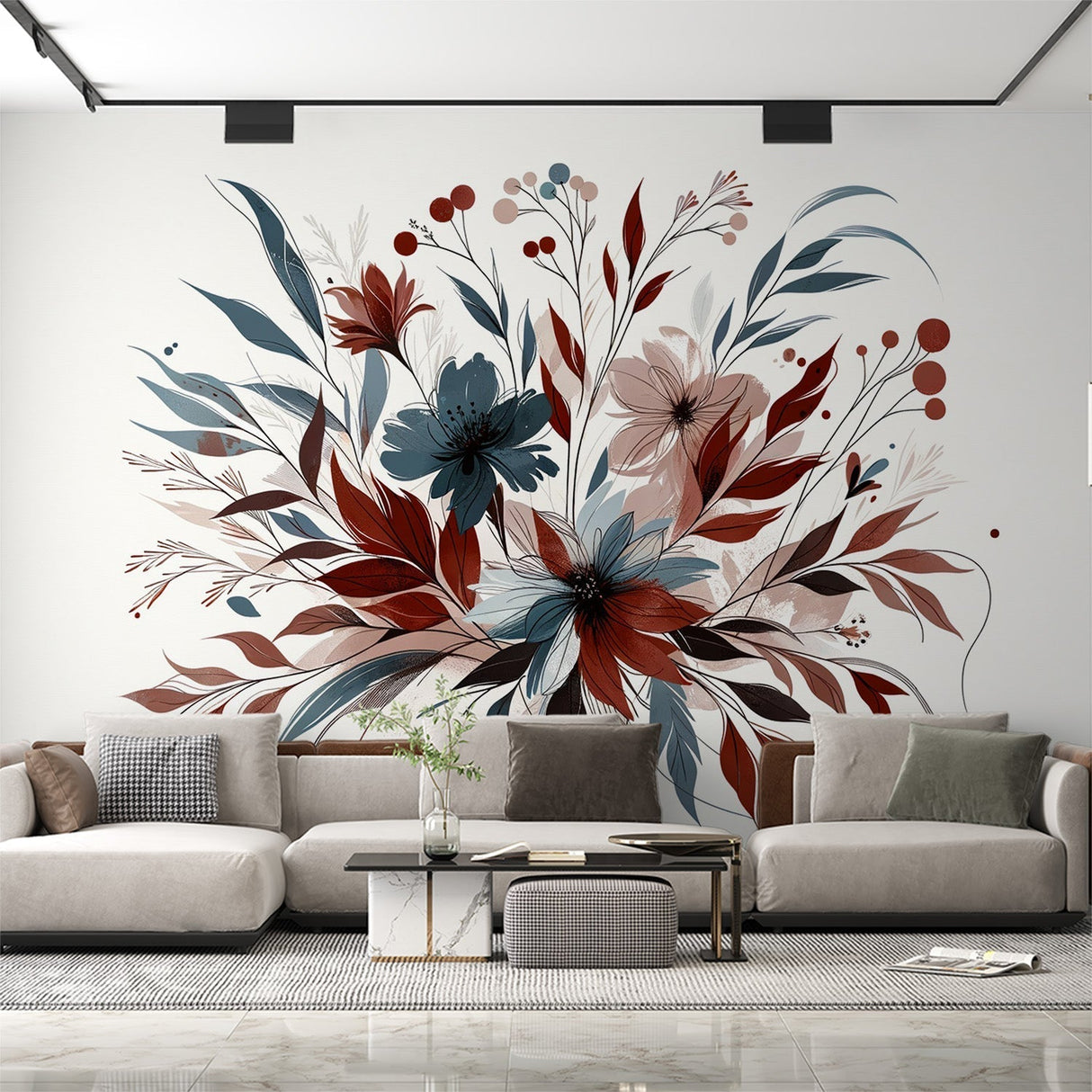 Modern floral wallpaper in blue and terracotta colors bringing life to a minimalist living room