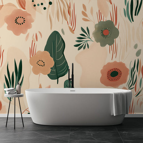 Modern botanical wallpaper with terracotta flowers in a bright dining room, showing how floral murals create a welcoming atmosphere