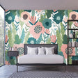 Modern pink and teal Floral Mural Wallpaper creating a fresh atmosphere in a bright living room setting