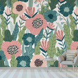 Pink and teal Botanical Wallpaper making a statement in a contemporary bedroom with natural light