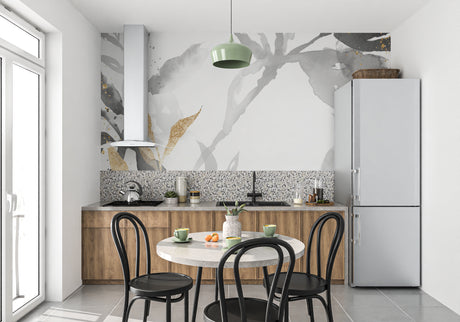 Modern grey and gold floral wallpaper in a bright living room setting with minimal furniture
