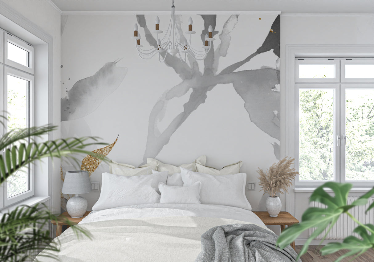 Grey and gold floral wall mural in a modern dining room space