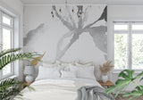 Grey and gold floral wall mural in a modern dining room space