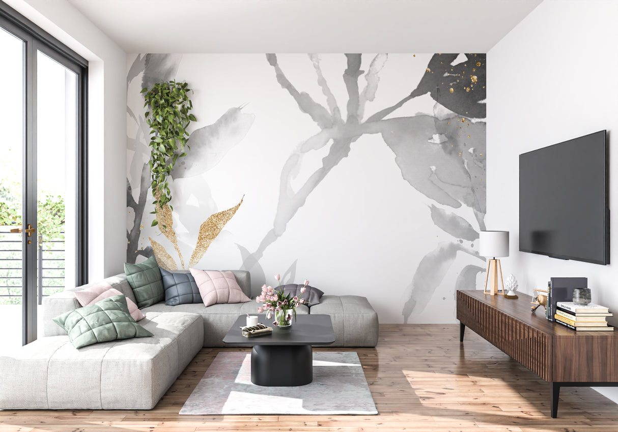Watercolor wall mural showcased in a contemporary home office setting