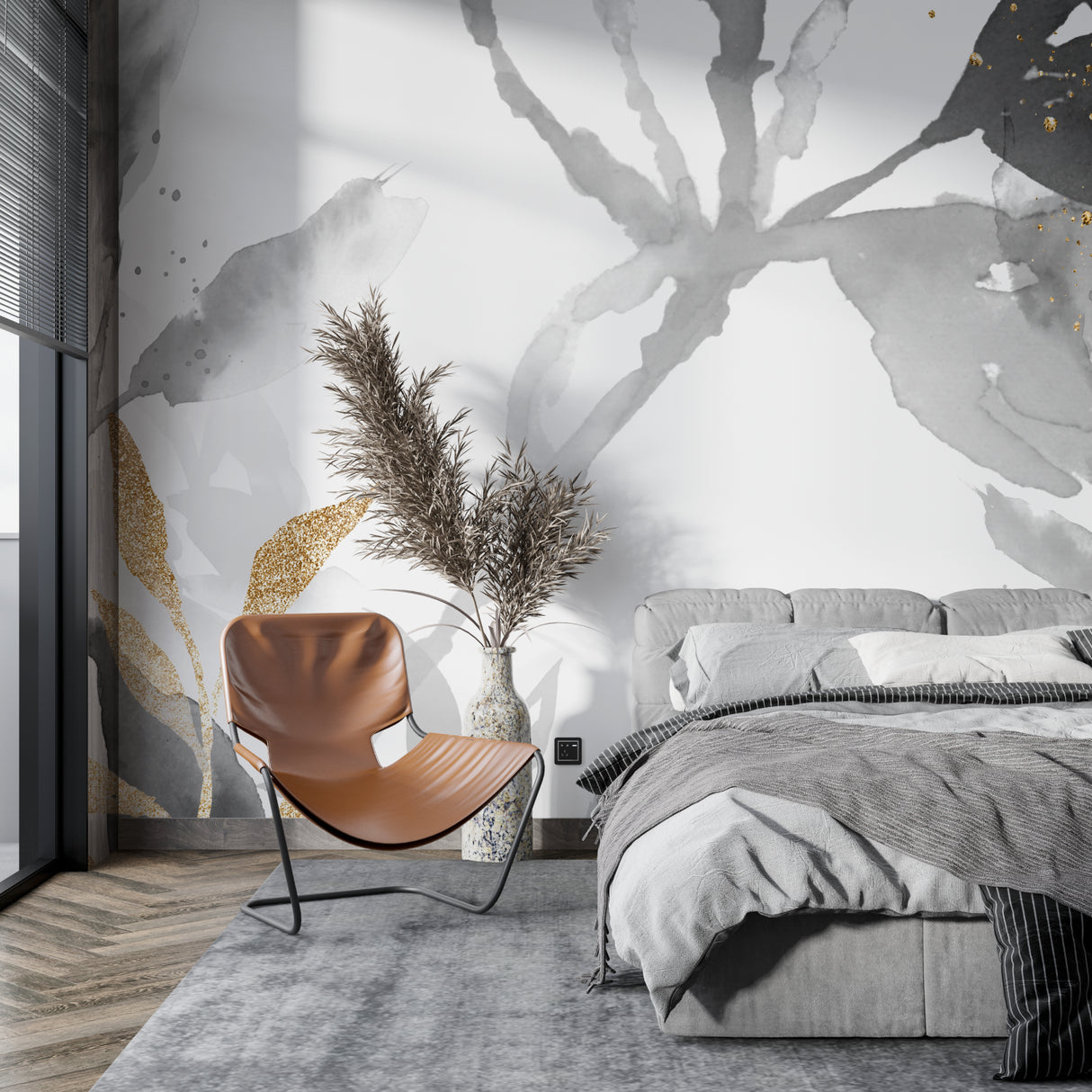 Modern floral wallpaper application in a luxury hotel lobby setting