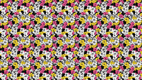 Pink and yellow modern floral pattern design file on black background showing full repeat