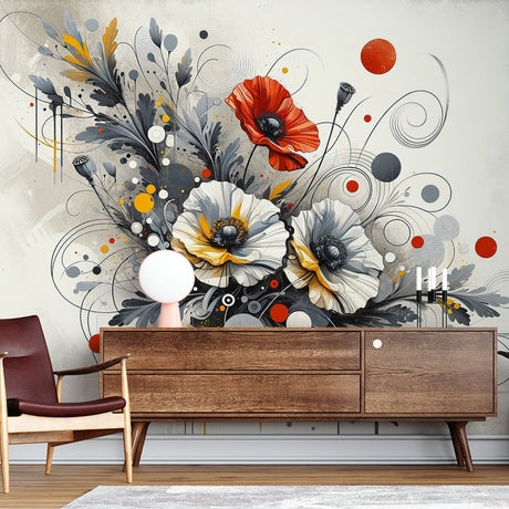 Modern floral wallpaper with poppies and anemones creating a stunning focal point in a bright living room
