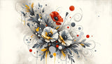 Botanical wall mural with red poppies adding color to a minimalist dining room