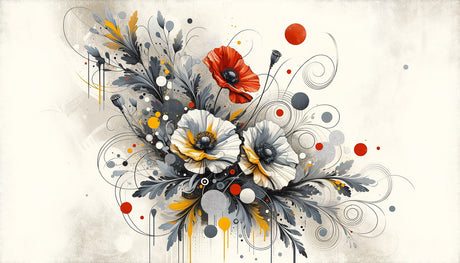 Botanical wall mural with red poppies adding color to a minimalist dining room
