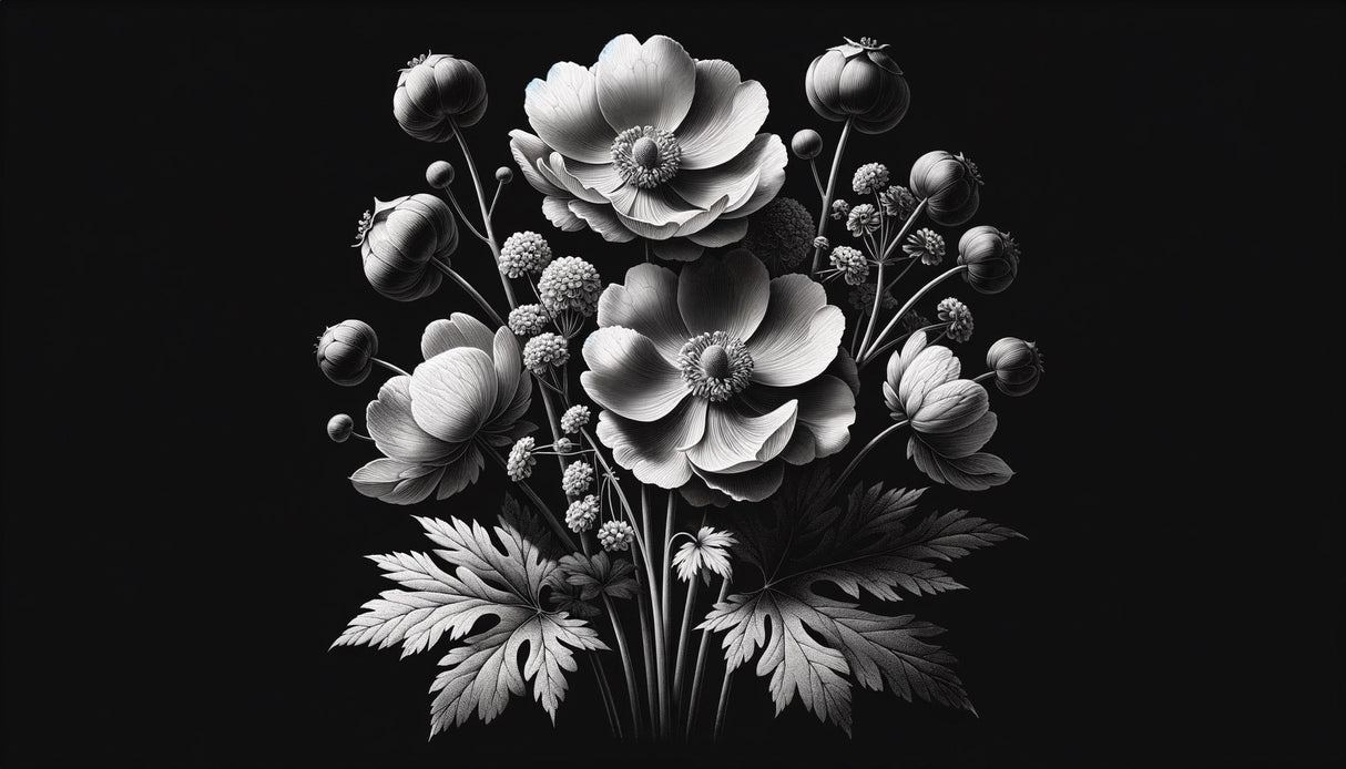 Monochrome anemone wall mural featured in master bedroom adding sophisticated charm