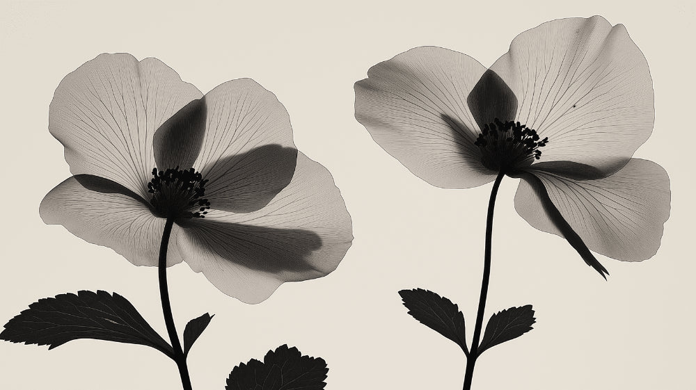 Monochrome Begonia design file showing detailed x-ray effect of floating petals and stems