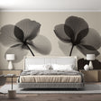Monochrome Begonia X-ray floral wallpaper creating dramatic impact in a modern living room with clean lines and natural light