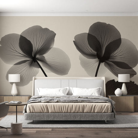 Monochrome Begonia X-ray floral wallpaper creating dramatic impact in a modern living room with clean lines and natural light