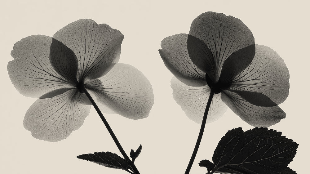 Black and white Begonia X-ray design file showing intricate floral pattern and transparent petal details