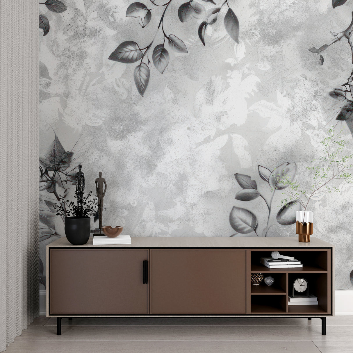 Monochrome botanical wallpaper creating depth in modern dining room