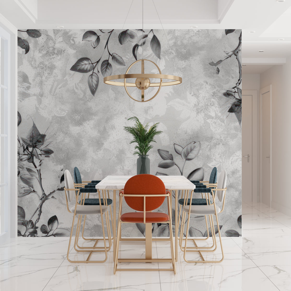 Grey floral mural wallpaper in minimal bedroom setting