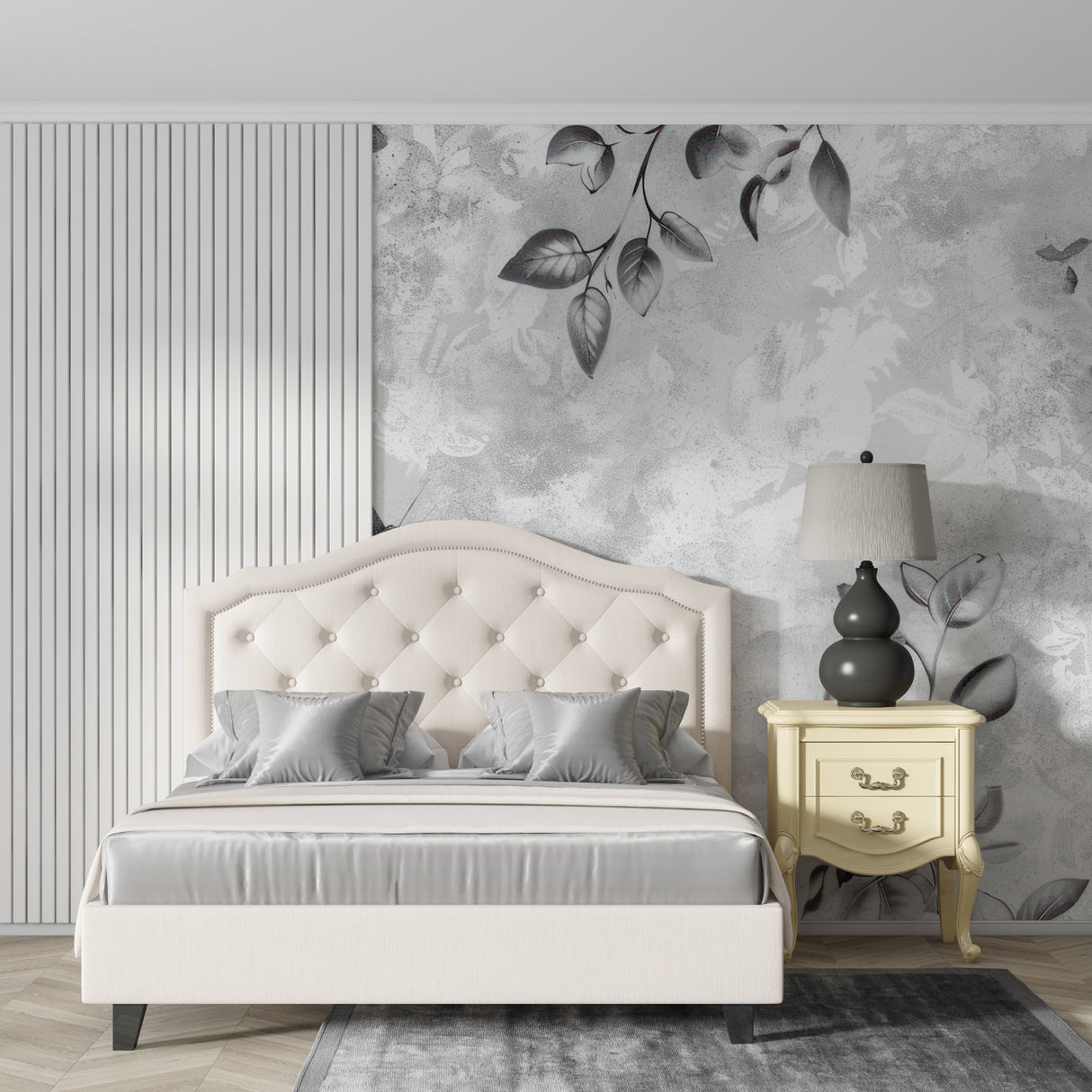 Modern grey leaf mural adding texture to hallway walls
