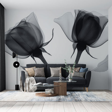 Dramatic black and white floral wallpaper with x-ray roses creating stunning contrast in a modern living room setting