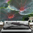 Botanical wall mural with red veined leaves creating a dramatic focal point in a modern living room with natural lighting