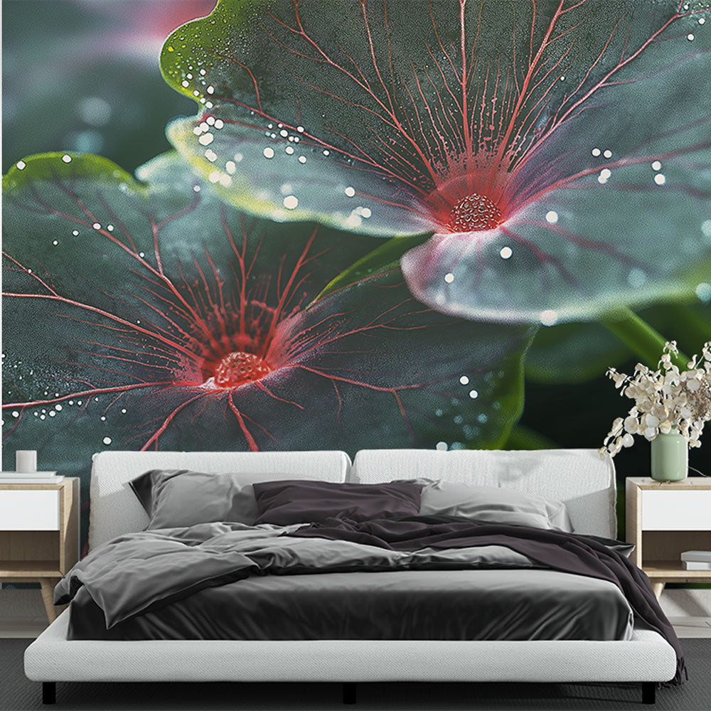 Botanical wall mural with red veined leaves creating a dramatic focal point in a modern living room with natural lighting