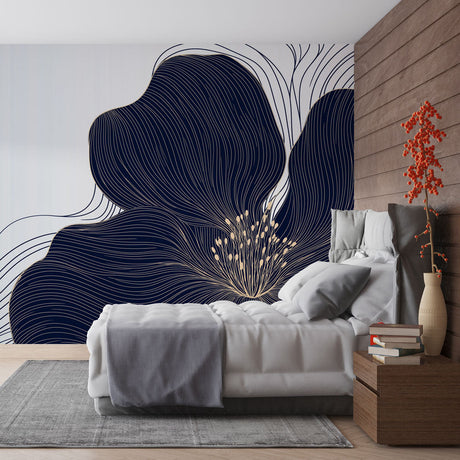 Navy blue abstract floral wallpaper creating a dramatic focal point in a modern living room with clean-lined furniture