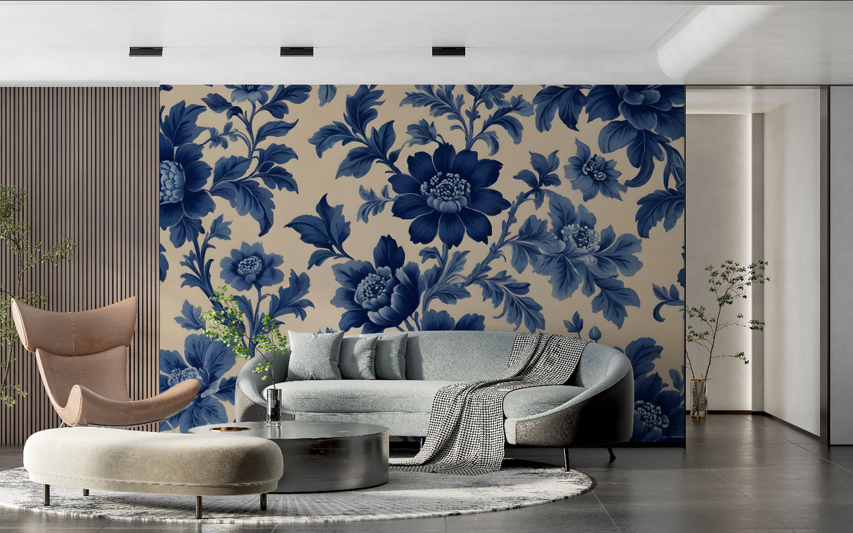 Vintage floral mural creating elegant backdrop in master bedroom with white furniture