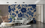 Vintage floral mural creating elegant backdrop in master bedroom with white furniture