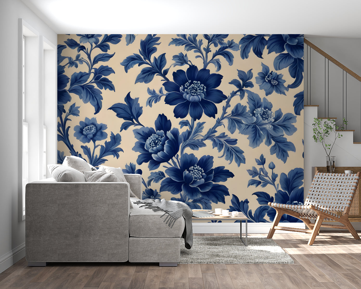 Botanical wallpaper bringing sophistication to home office with desk and bookshelf