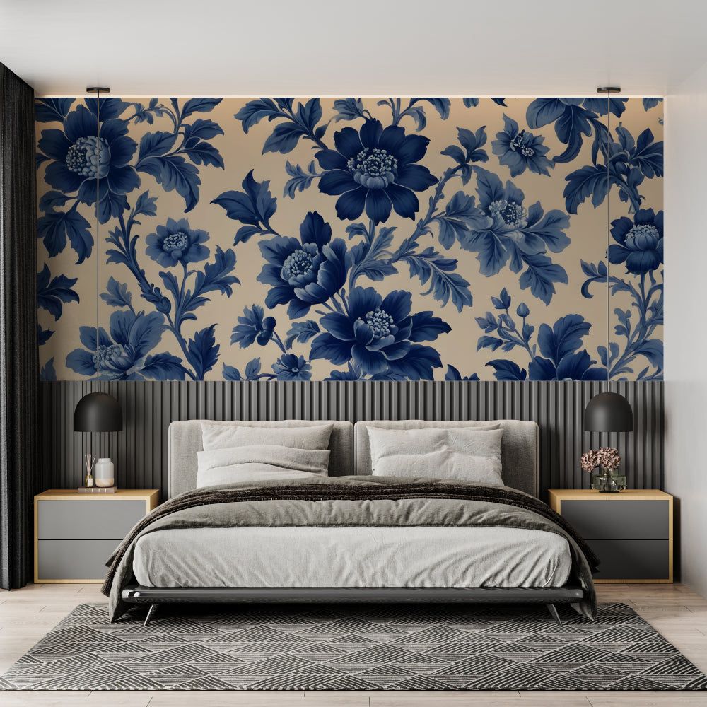 Floral wall mural showcased in entryway with console table and mirror