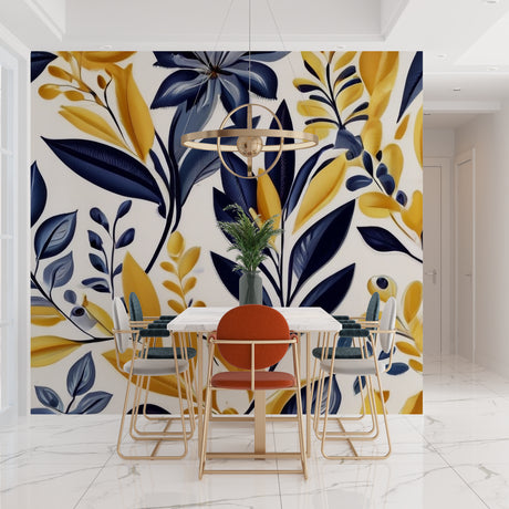 Navy blue and gold leaf wallpaper mural in modern living room setting with grey sofa and natural light