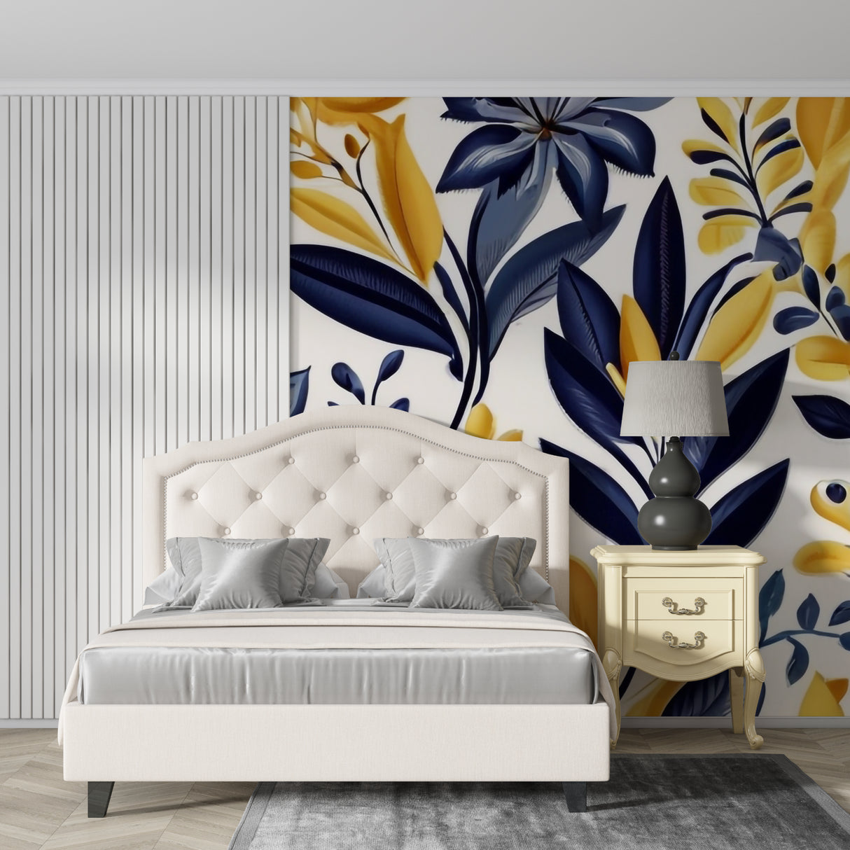 Elegant dining room featuring navy and gold botanical wallpaper with crystal chandelier