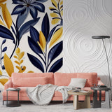 Master bedroom with navy blue and gold leaf wallpaper creating luxurious atmosphere