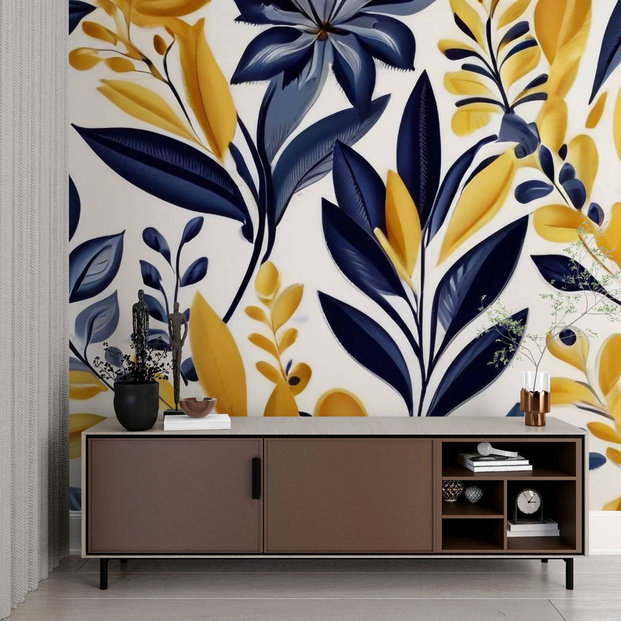 Home office space with navy and gold floral wallpaper adding sophistication
