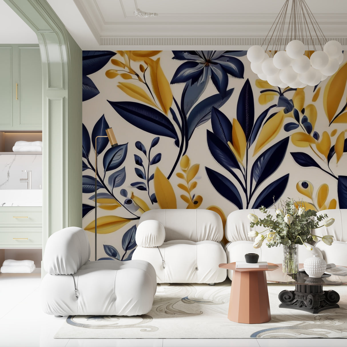 Entryway decorated with navy blue and gold botanical wallpaper making grand impression