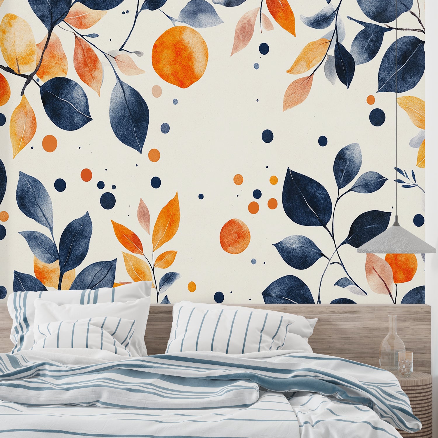 Navy blue and orange floral wallpaper in modern living room setting with natural light