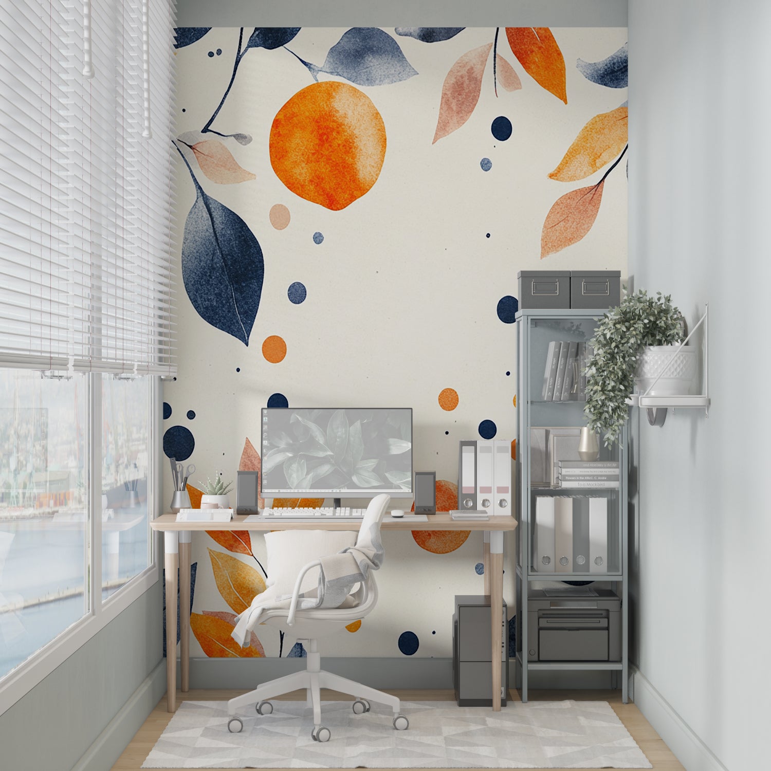 Watercolor floral wall mural brightening a home office space with desk and chair