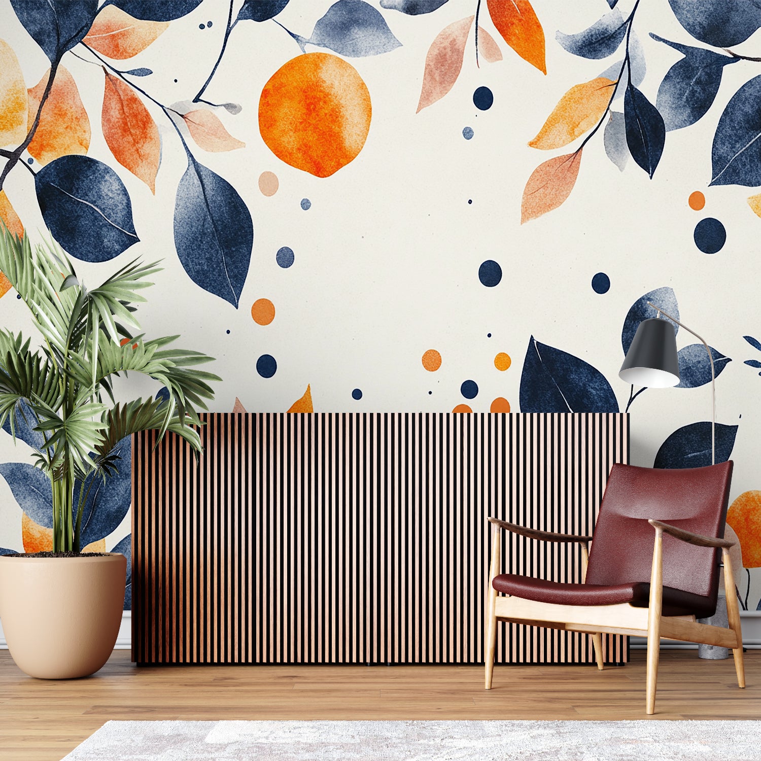 Dining room showcase of floral watercolor wallpaper with pendant lighting