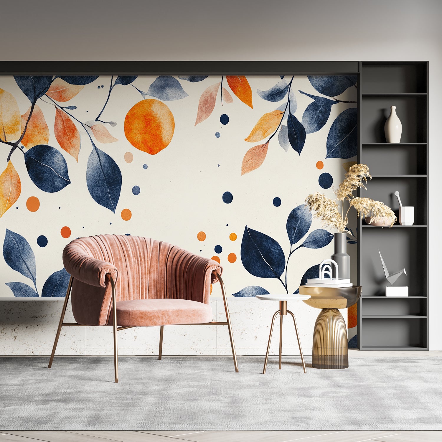 Entryway decorated with navy blue and orange floral wall mural