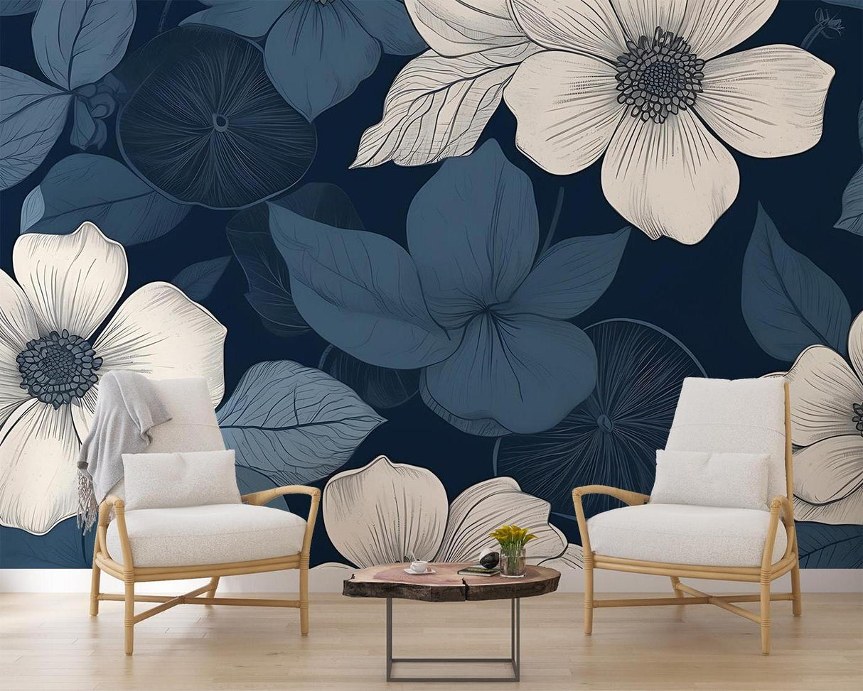 Elegant navy and white botanical wallpaper transforming a master bedroom with soft lighting