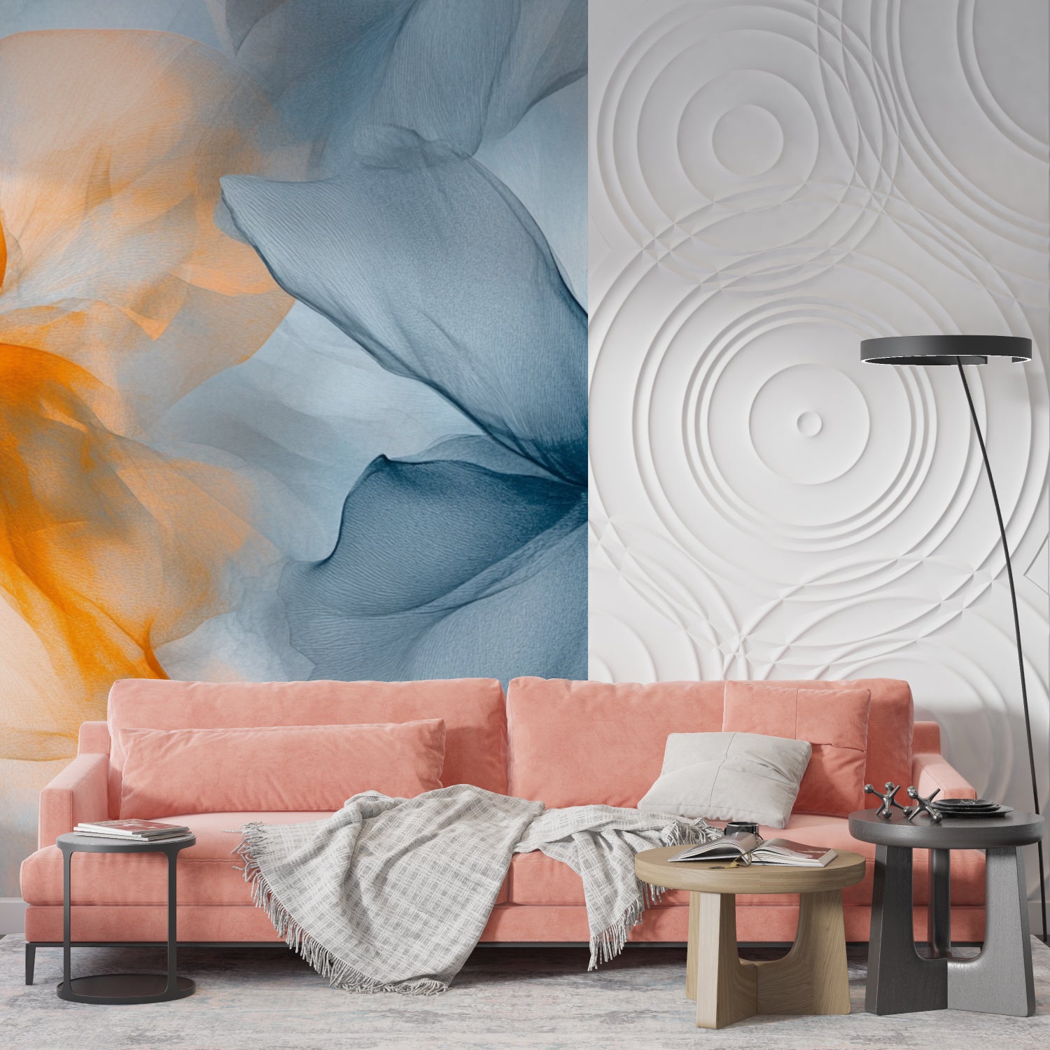 Contemporary dining room featuring large-scale watercolor floral wallpaper in orange and blue tones