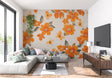 Orange Floral Wallpaper bringing warmth to a modern living room with white furniture